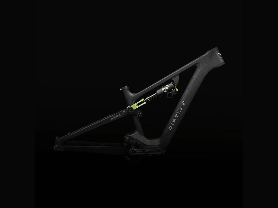 Dirtlab Paratu CP eMTB carbon frame — neon green yoke detail — custom Pantone color option — 170mm travel