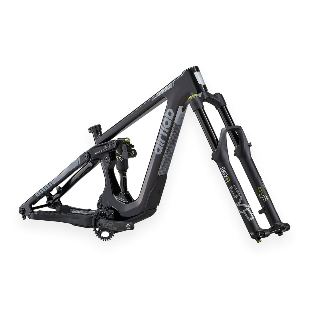 Paratu HL (E-Menace) carbon eMTB frame kit with Maxon BikeDrive AIR, side view - gloss black, grey decals (shown with DVO fork and shock)