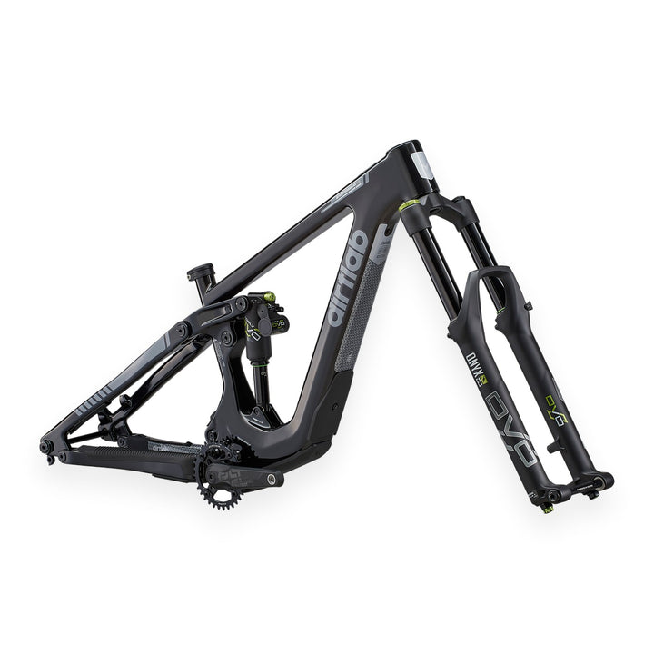 Paratu HL (E-Menace) carbon eMTB frame kit with Maxon BikeDrive AIR, side view - gloss black, grey decals (shown with DVO fork and shock)