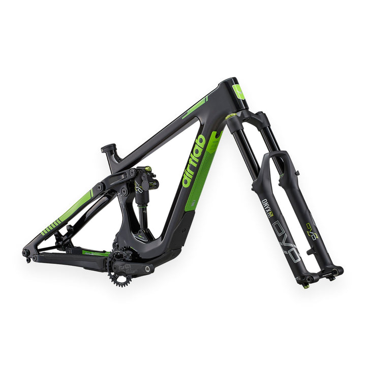 Paratu HL (E-Menace) carbon frame kit, side view - gloss UD black, green decals (shown with DVO fork and shock)